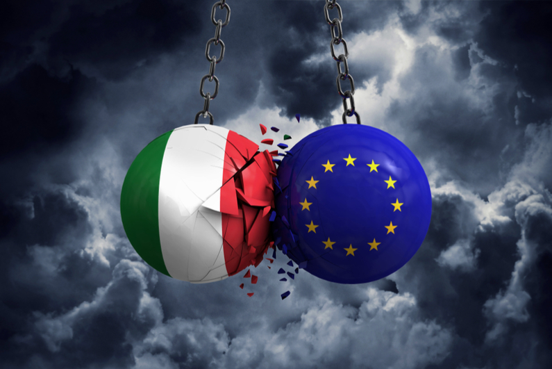 Italy flag and European union political balls smash into each other.